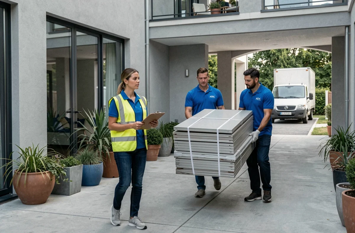 Coordinatrice et déménageurs ADC transportant des meubles dans la cour d'une résidence moderne avec un camion en arrière-plan