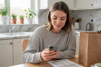Femme consultant son smartphone pour recevoir des alertes de codes promo Carrefour Drive dans une cuisine moderne