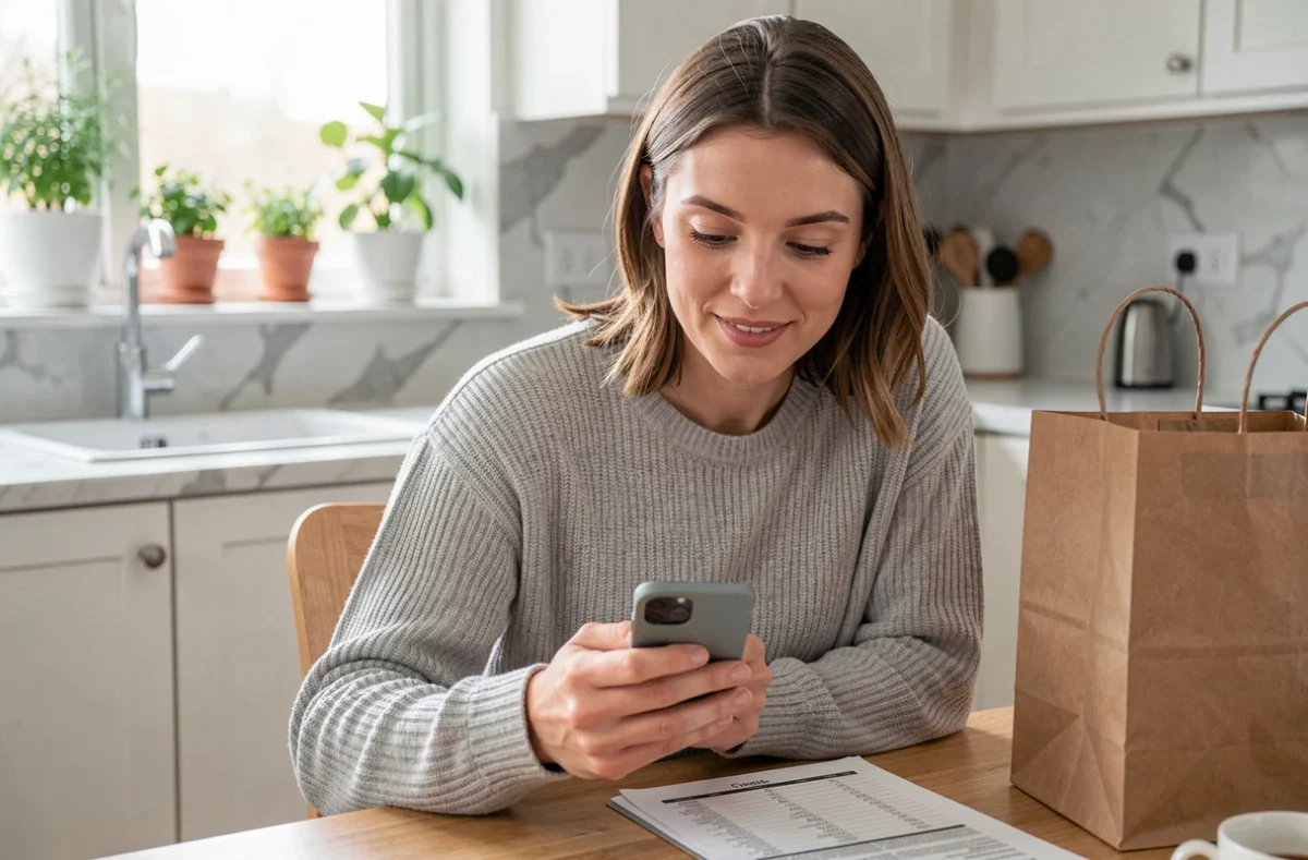 Femme consultant son smartphone pour recevoir des alertes de codes promo Carrefour Drive dans une cuisine moderne