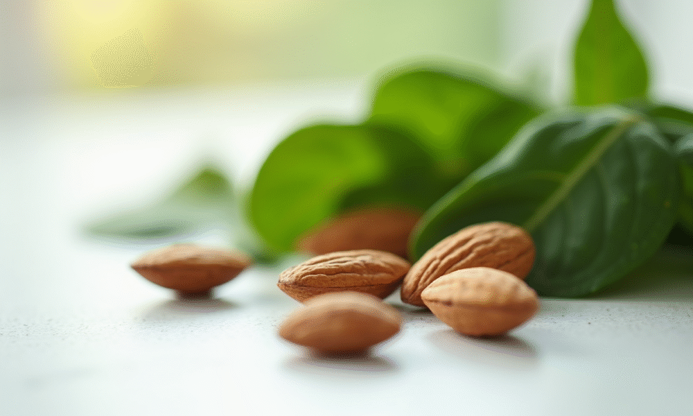 Amandes fraîches et feuilles d'épinard sur une table blanche