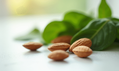 Amandes fraîches et feuilles d'épinard sur une table blanche