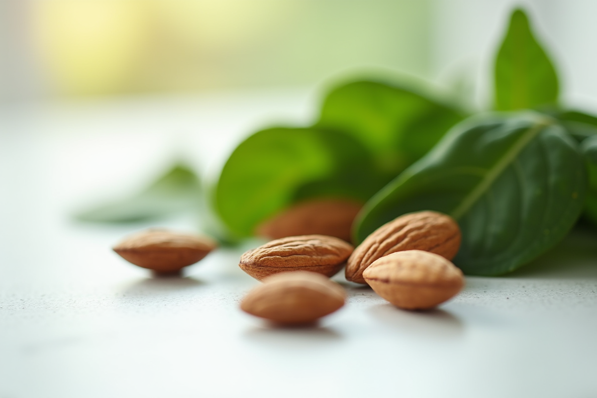 Amandes fraîches et feuilles d'épinard sur une table blanche