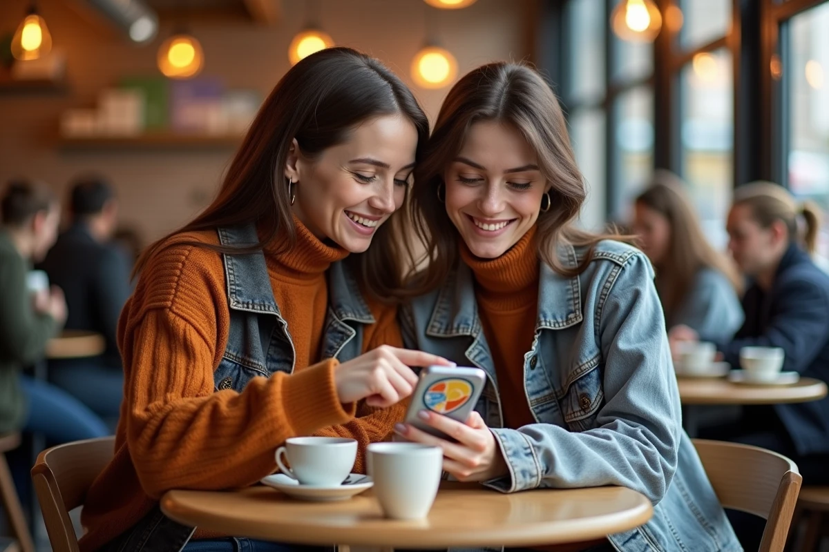 Deux femmes découvrant ensemble un webtoon sur smartphone dans un café urbain