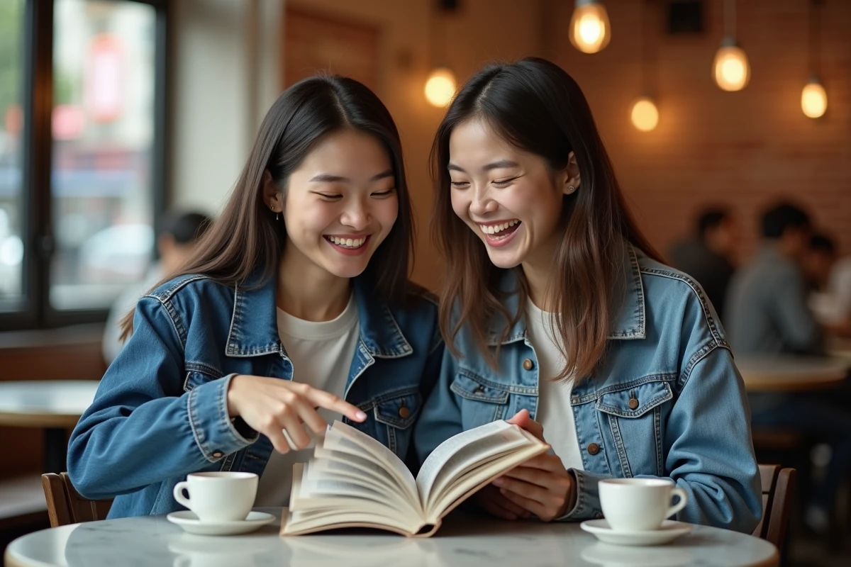 Deux jeunes femmes partageant un manga yaoi dans un café et réagissant avec enthousiasme