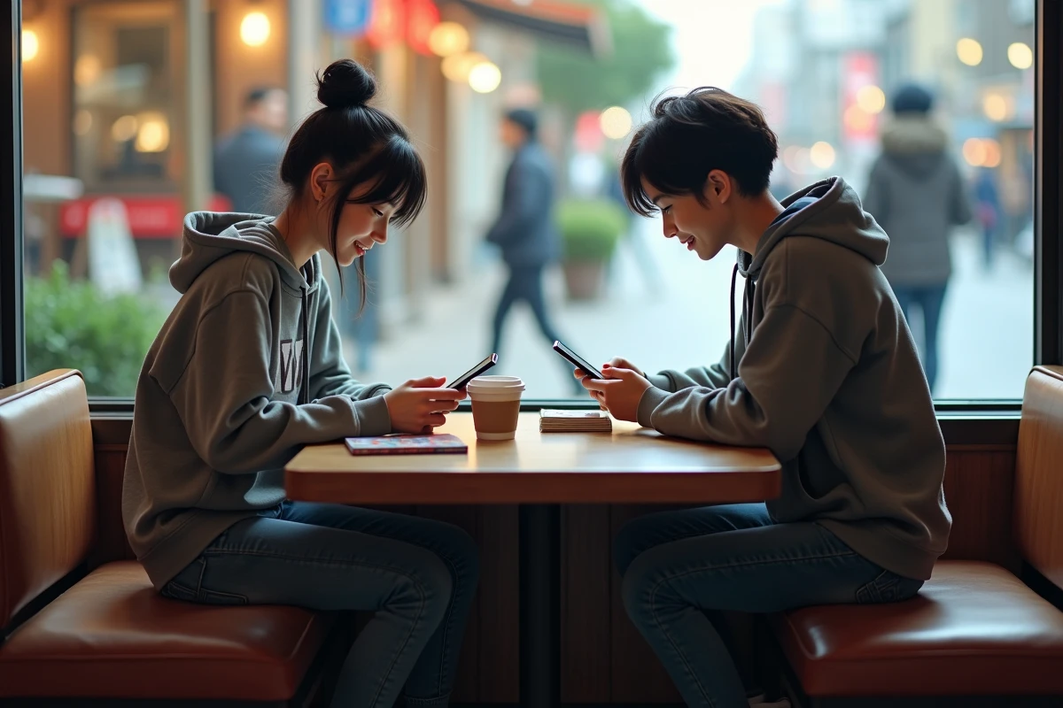 Deux amis regardent des scans Blue Lock sur leurs smartphones au café