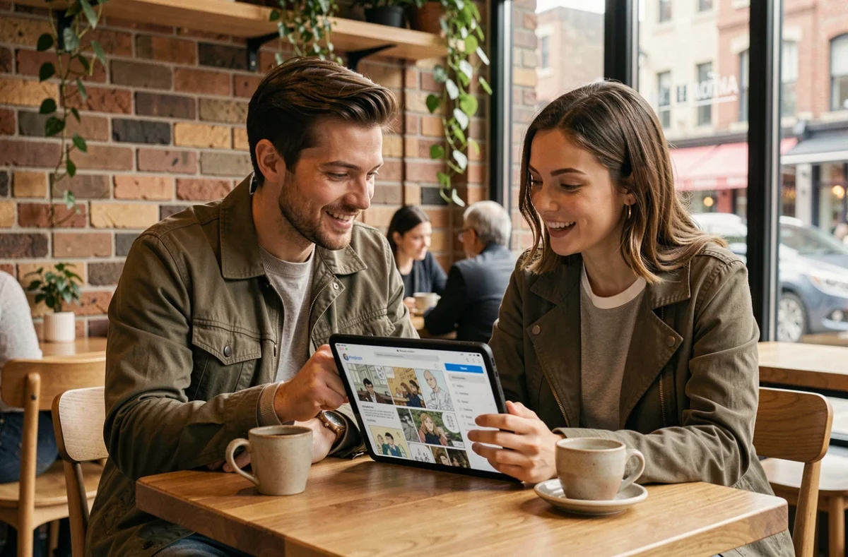 Deux amis découvrant des genres de manga sur une plateforme numérique dans un café urbain moderne