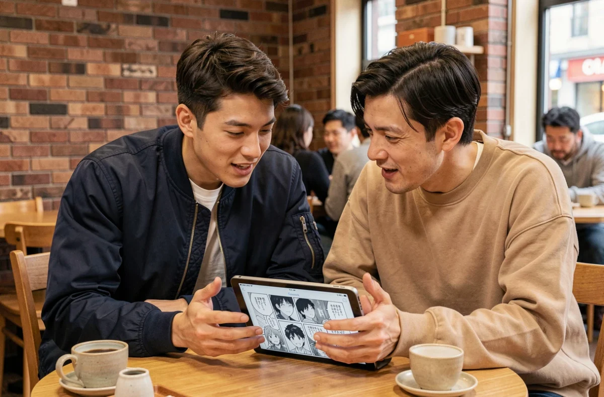 Deux amis discutant des révélations du chapitre 290 de One Punch Man sur une tablette dans un café japonais