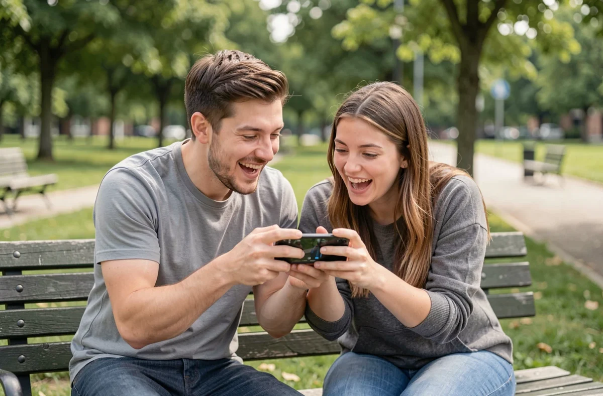 Deux amis partageant un moment de jeu mobile Monopoly GO ensemble sur un banc dans un parc