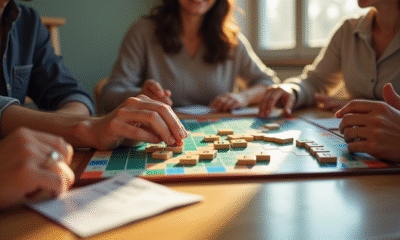 Amis jouant au Scrabble autour d'une table en journée lumineuse