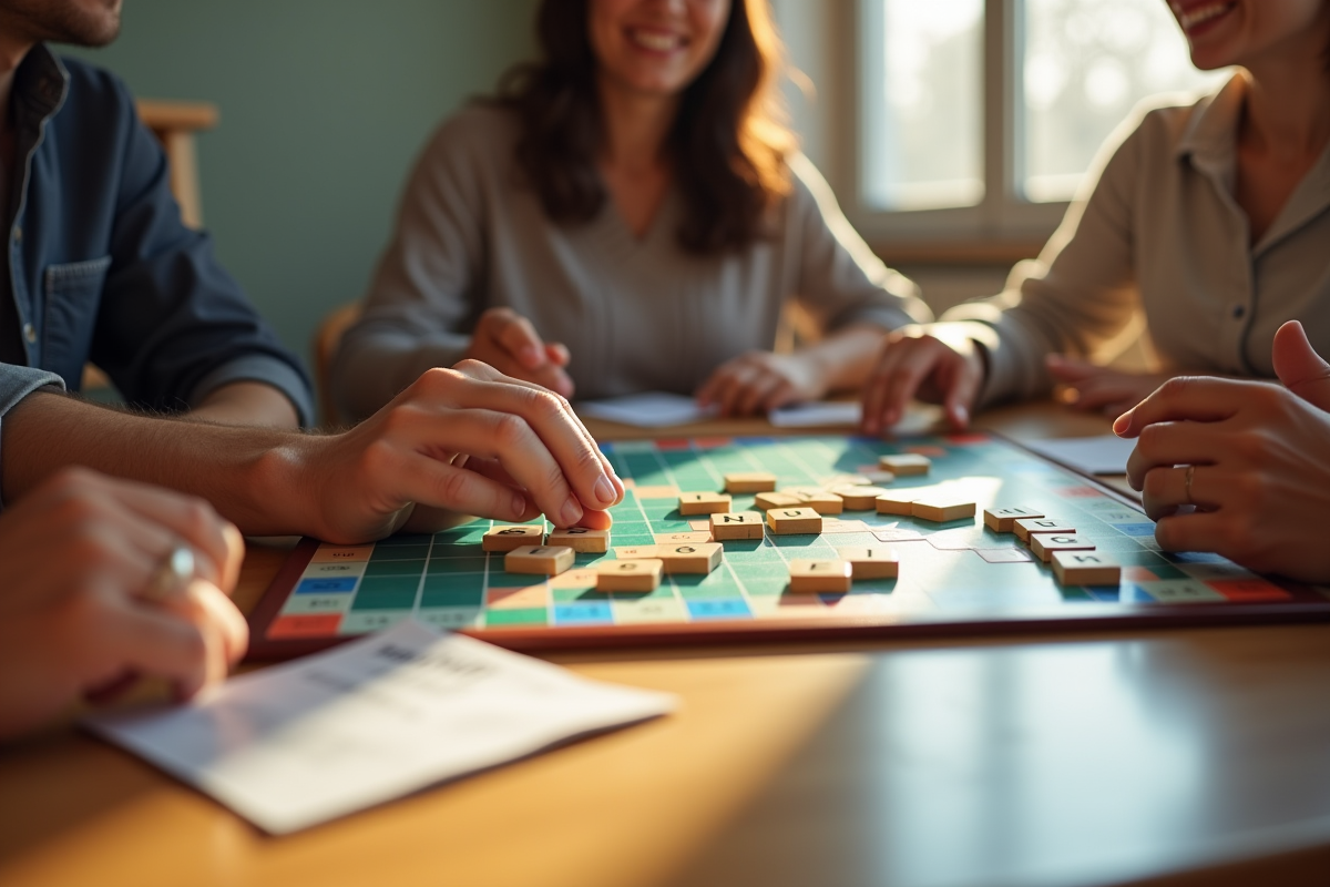 Amis jouant au Scrabble autour d'une table en journée lumineuse