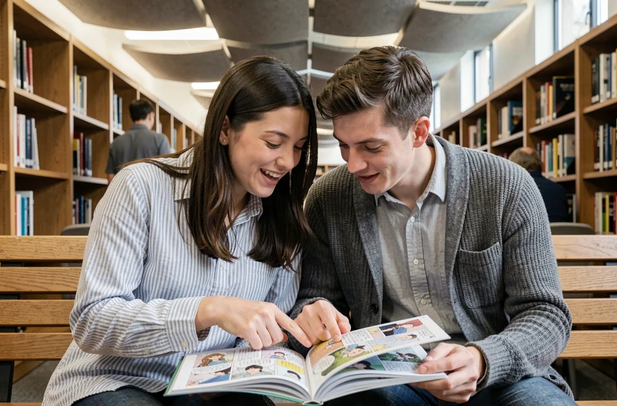 Deux amis feuilletant ensemble un manga Boys' Love dans une bibliothèque publique