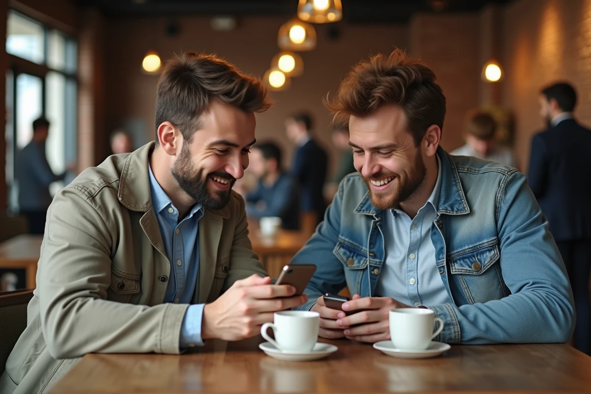 Deux amis partageant des citations et messages humoristiques sur WhatsApp dans un café urbain