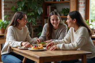 Trois amis rient autour d'un repas convivial à l'intérieur