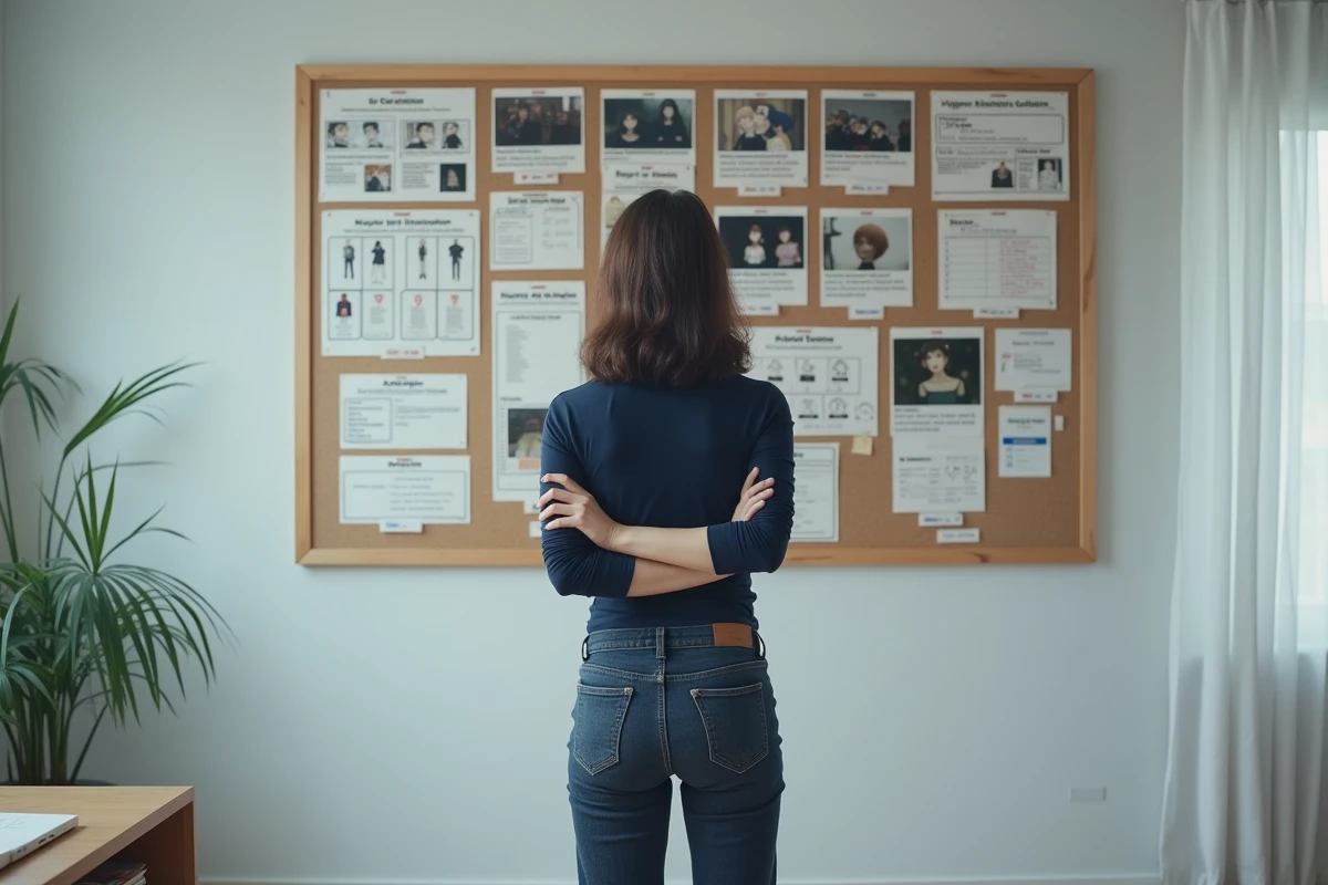 Jeune femme analysant un tableau de recherche sur le personnage de Christa d'Attack on Titan, représentant la complexité narrative qui divise la communauté