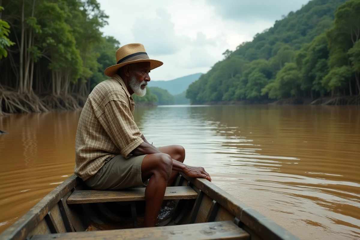 Homme indien âgé en canoë sur une rivière dense
