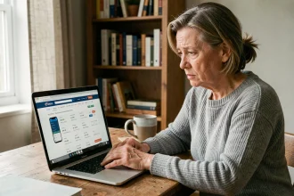 Femme utilisant un annuaire inversé sur son ordinateur portable à son bureau à domicile