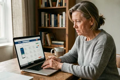 Femme utilisant un annuaire inversé sur son ordinateur portable à son bureau à domicile