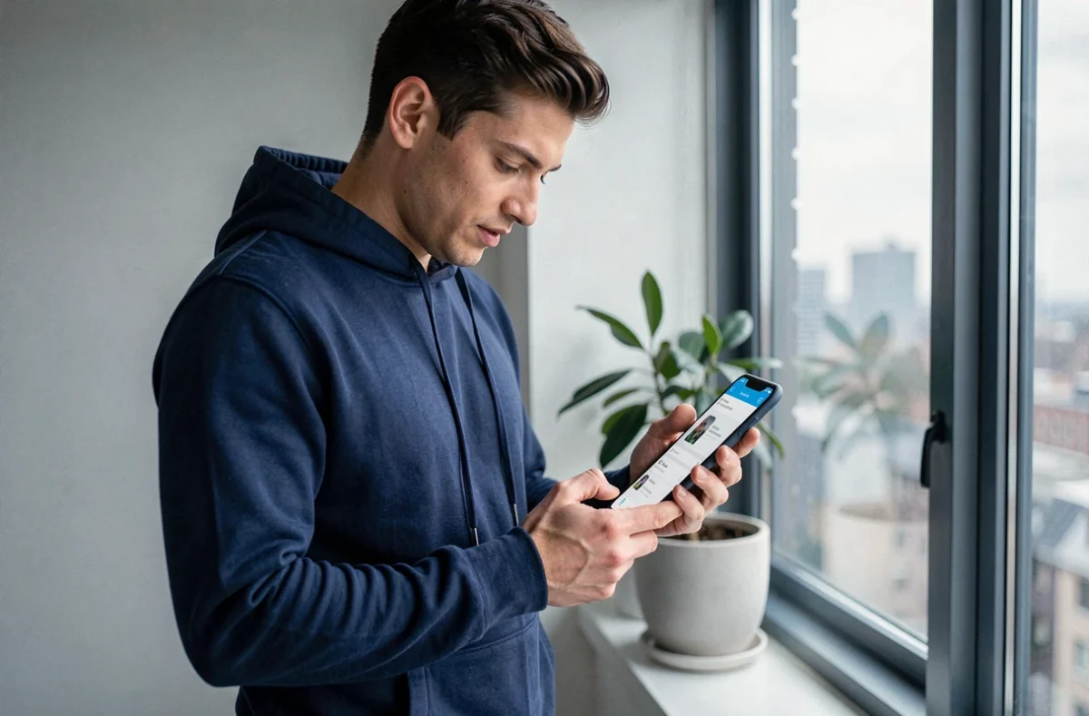 Jeune homme consultant un annuaire téléphonique inversé sur son smartphone dans un appartement moderne