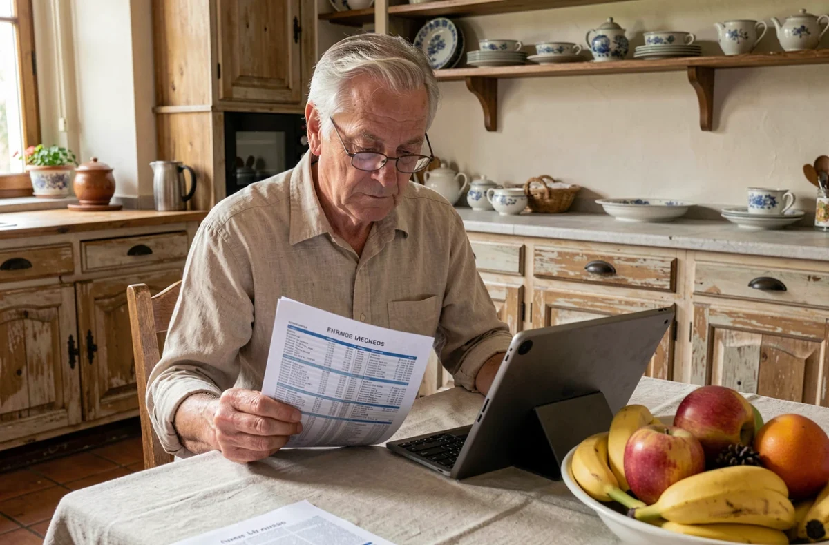 Homme senior consultant un annuaire téléphonique papier et une tablette dans une cuisine traditionnelle française