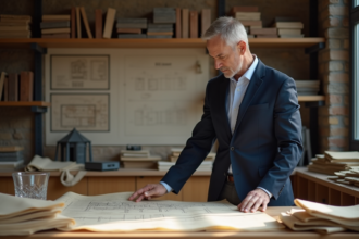 Architecte homme examinant des plans anciens sur un bureau