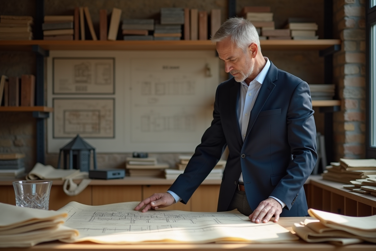 Architecte homme examinant des plans anciens sur un bureau