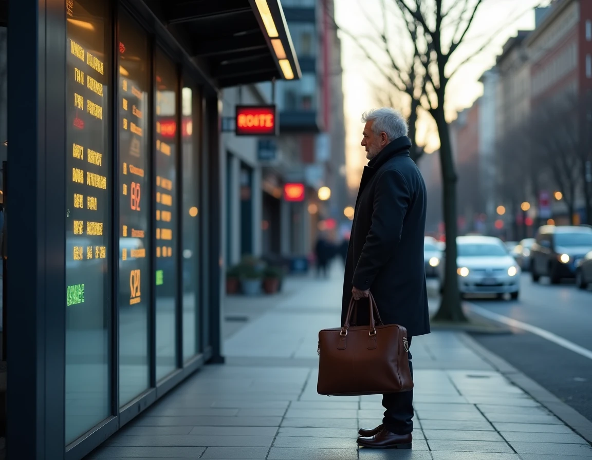 Homme attendant le bus ligne 92 à un arrêt urbain avec tableau d'affichage des horaires en heure de pointe