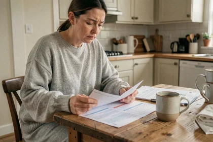 Femme en arrêt maladie consultant son calendrier et certificat médical à la table de cuisine