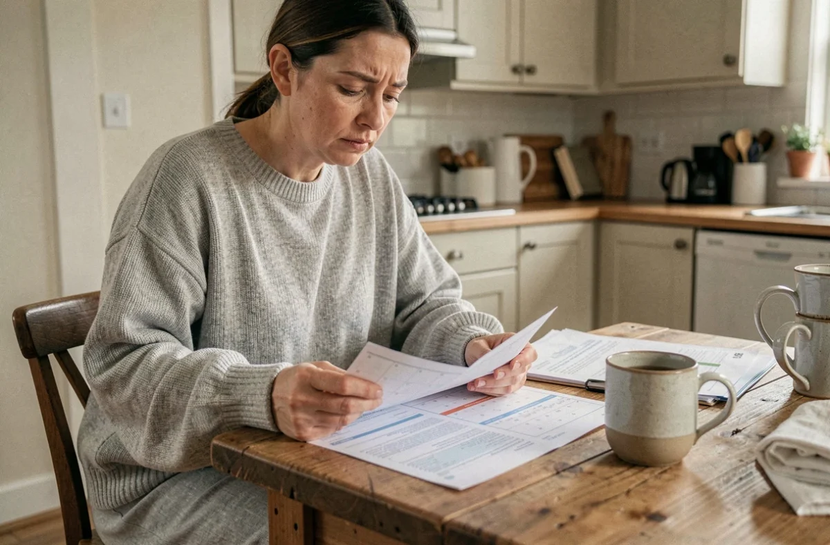 Femme en arrêt maladie consultant son calendrier et certificat médical à la table de cuisine