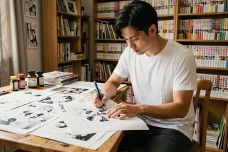 Artiste manga dessinant des planches de One Punch Man au chapitre 290, studio de création japonais