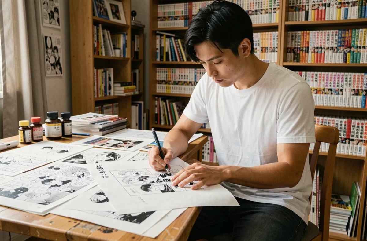 Artiste manga dessinant des planches de One Punch Man au chapitre 290, studio de création japonais
