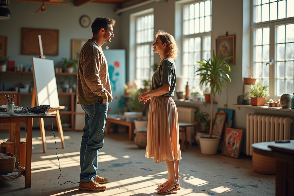Deux personnes nonbinaires discutant dans un atelier d