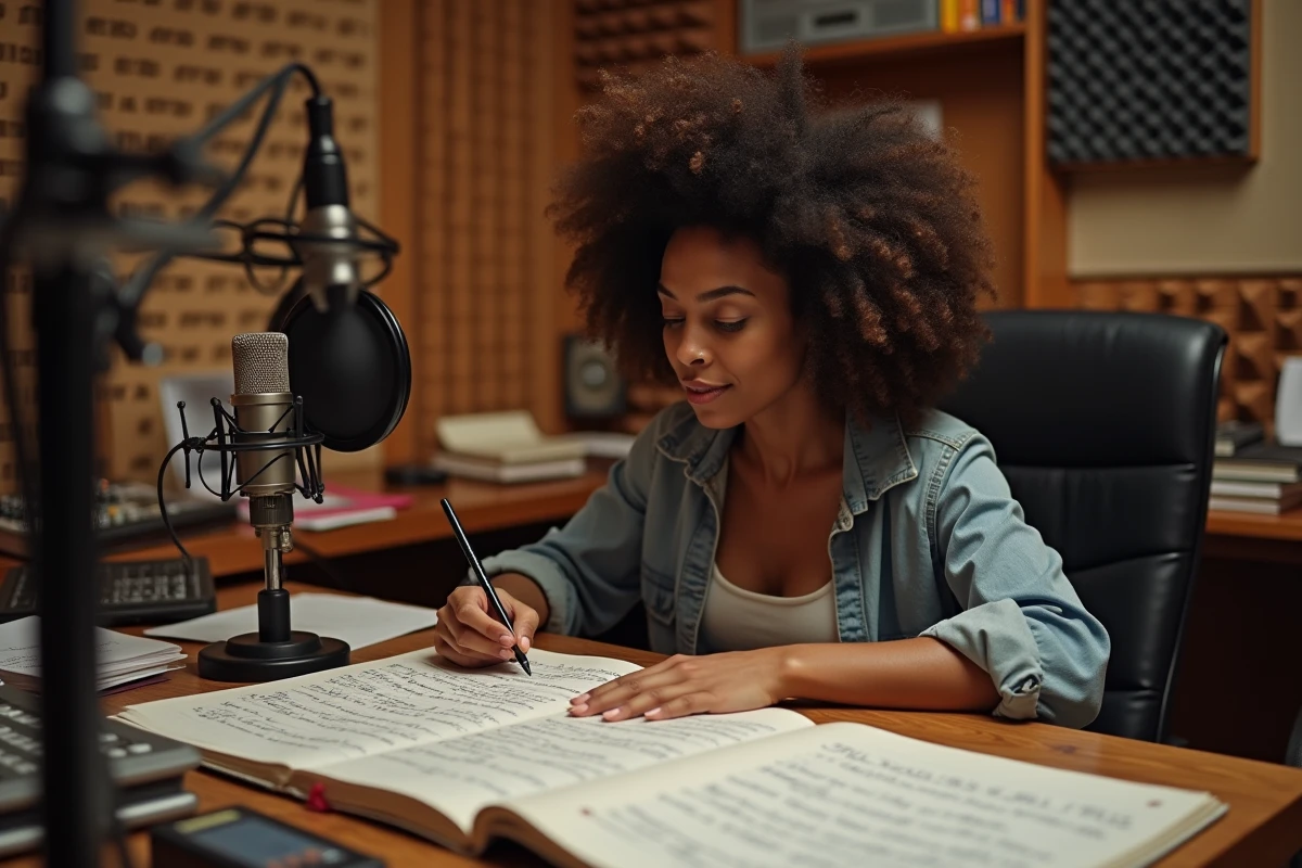 Auteure compositrice travaillant sur des schémas de rimes et paroles d'ego trip dans un studio d'enregistrement