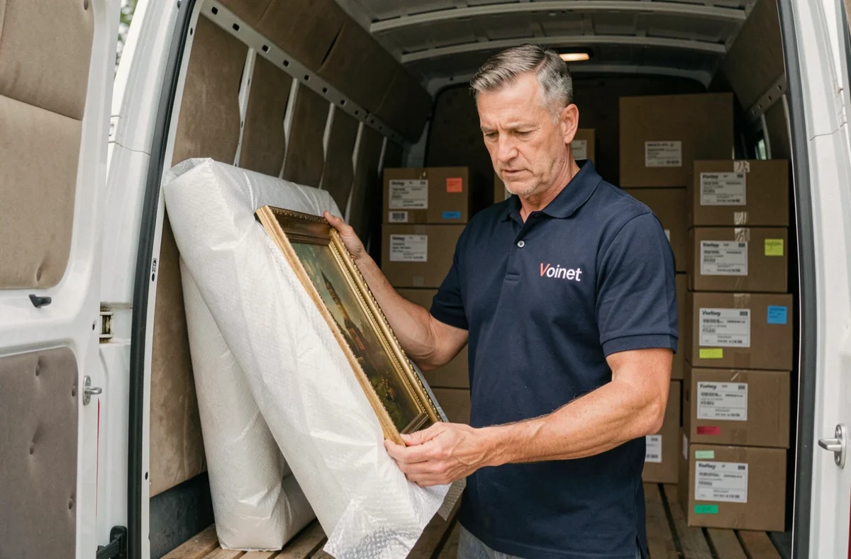 Déménageur de l'entreprise Voinet emballant soigneusement un tableau dans un camion de déménagement bien organisé