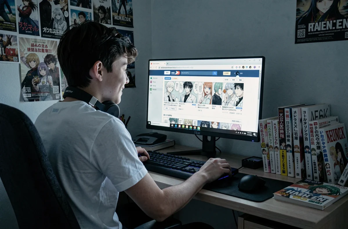 Adolescent utilisant un bloqueur de publicités sur son ordinateur pour naviguer sur un site de scans manga
