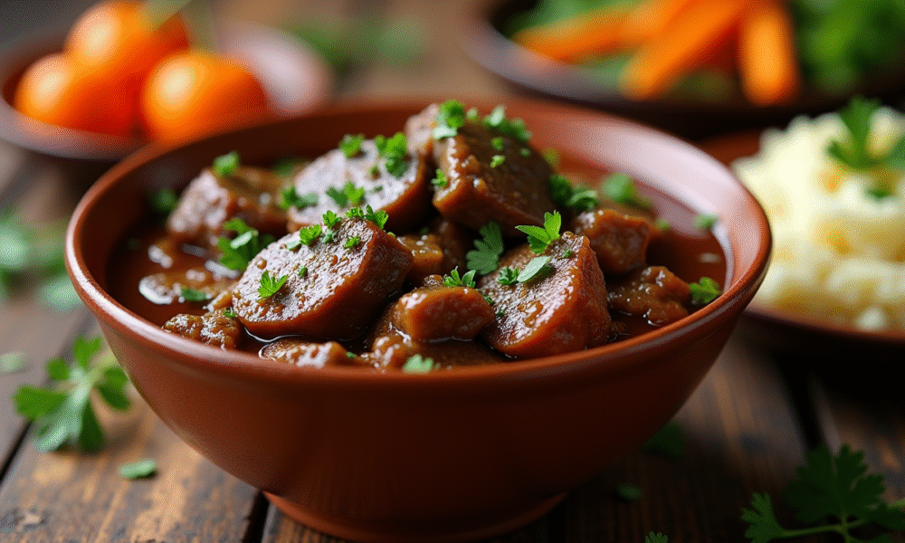 Boeuf bourguignon servi dans un bol en céramique rustique avec légumes colorés
