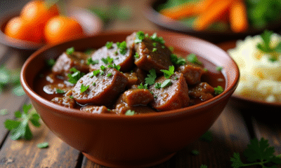 Boeuf bourguignon servi dans un bol en céramique rustique avec légumes colorés