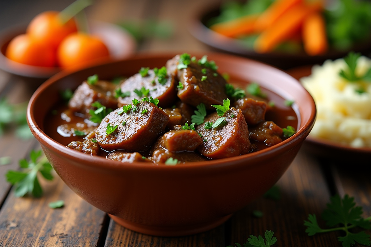 Boeuf bourguignon servi dans un bol en céramique rustique avec légumes colorés