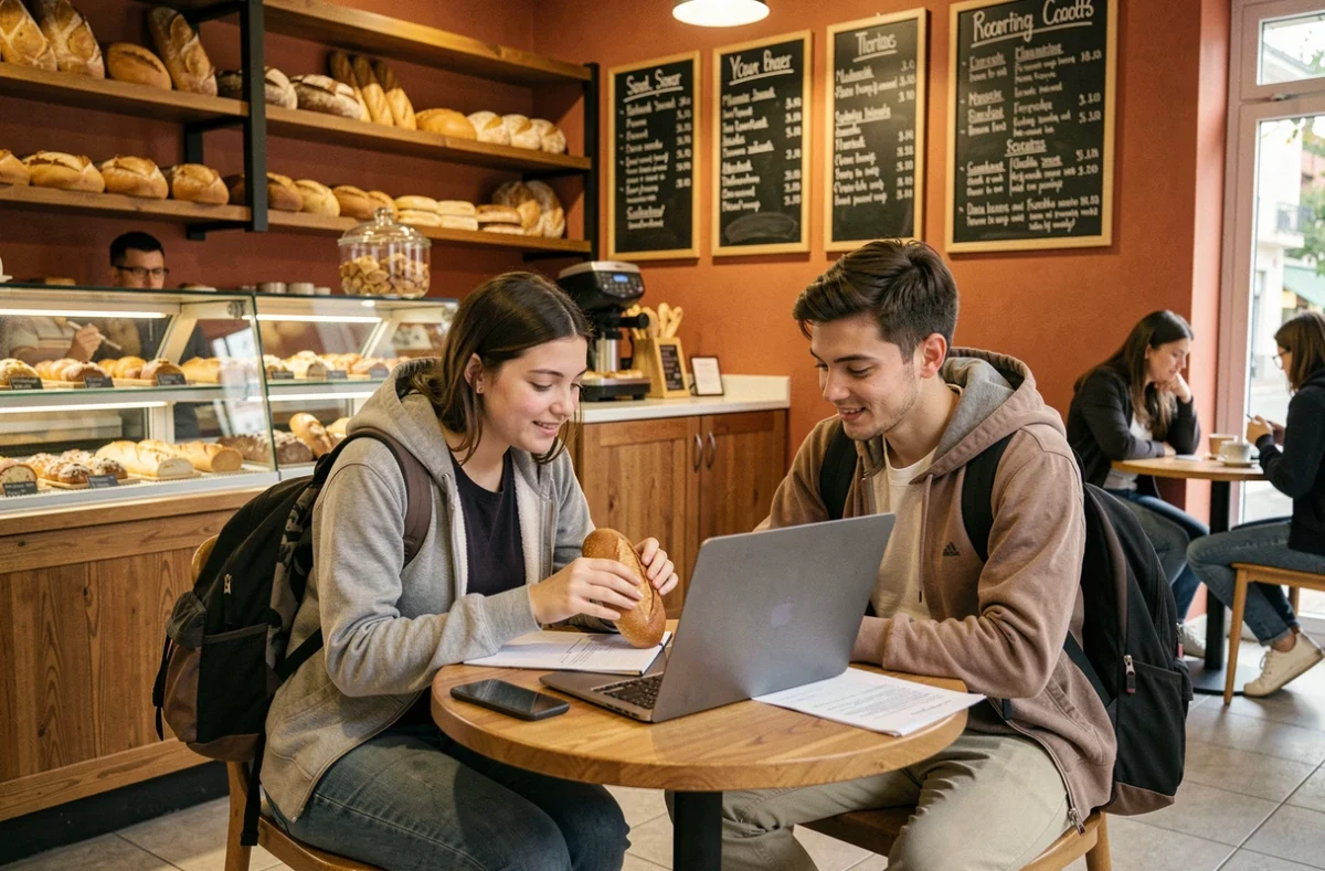 Deux étudiants dans une boulangerie-café ouverte après les cours près d'un campus de Montpellier