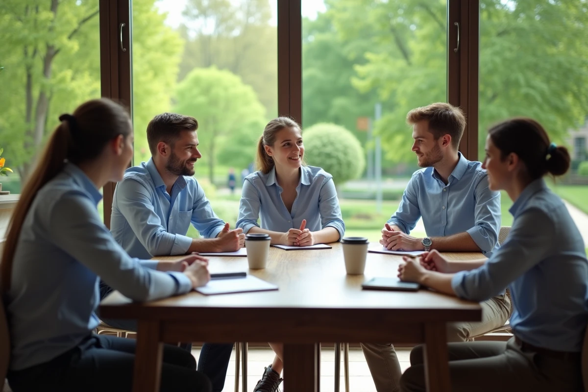 Jeune équipe en brainstorming dans une salle moderne avec vue sur un parc