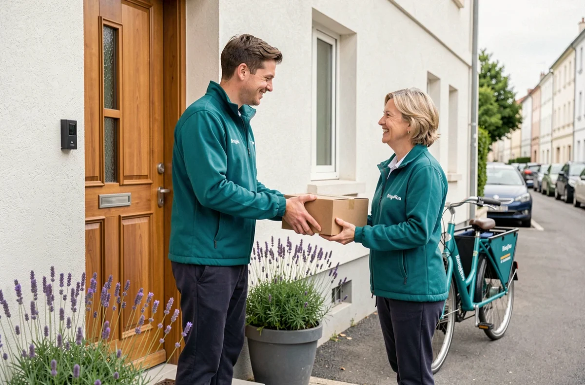 Coursier Bring4You remettant un colis à une habitante devant sa maison de ville moderne avec un vélo cargo en arrière-plan