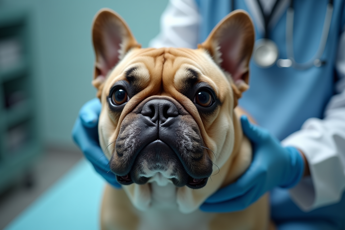 Bulldog francais adulte examiné par un veterinaire en clinique
