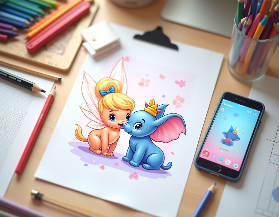 Vue à plat d'un bureau créatif avec références de pixel art kawaii Disney, crayons de couleur et papier quadrillé