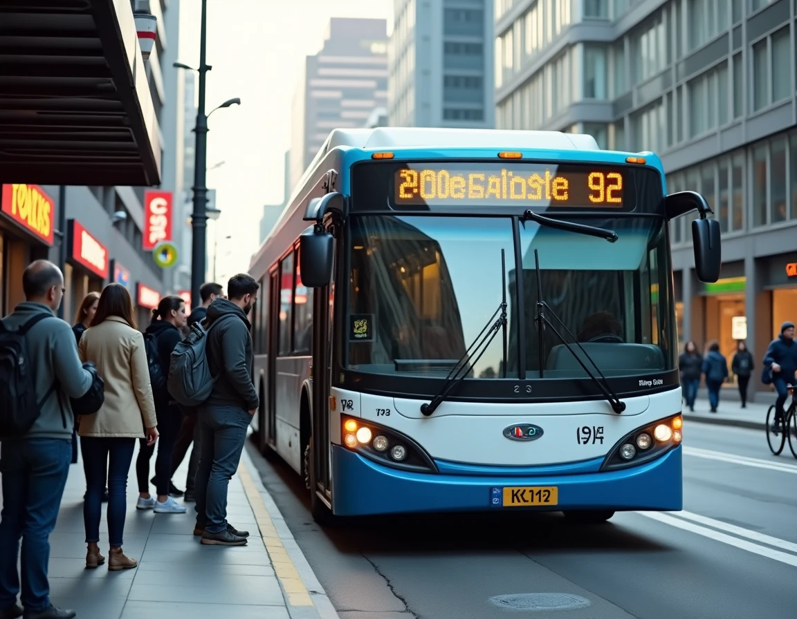 Bus de la ligne 92 s'arrêtant à un arrêt bondé en centre-ville durant les heures de pointe, file de voyageurs sur le trottoir