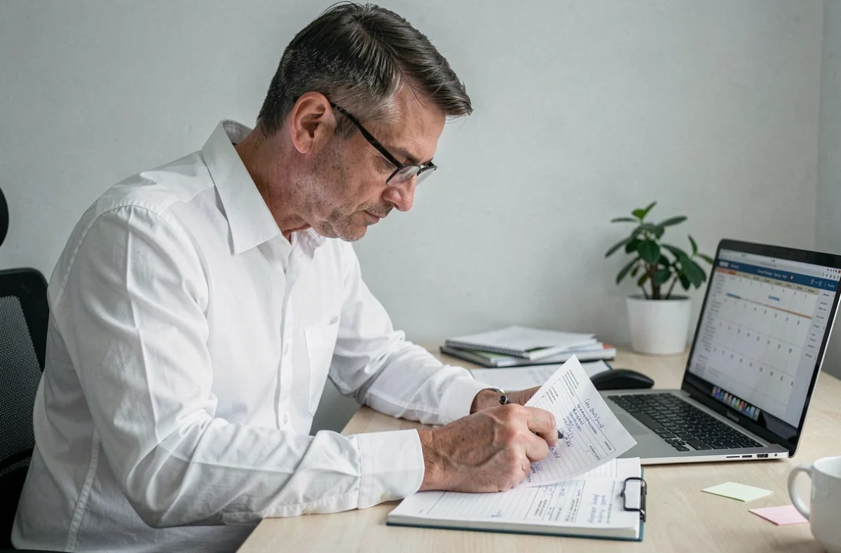 Homme calculant ses jours d'absence maladie au bureau à domicile avec agenda et ordinateur