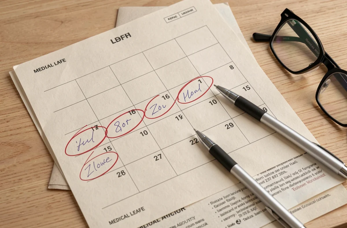 Calendrier avec dates cerclées et document d'arrêt maladie posés sur un bureau en bois