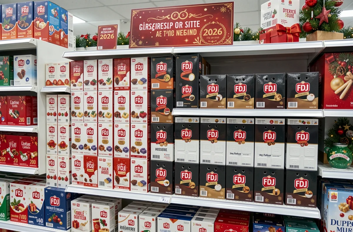 Calendriers de l'avent FDJ 2026 exposés en rayon dans un magasin avec affichage promotionnel des prix