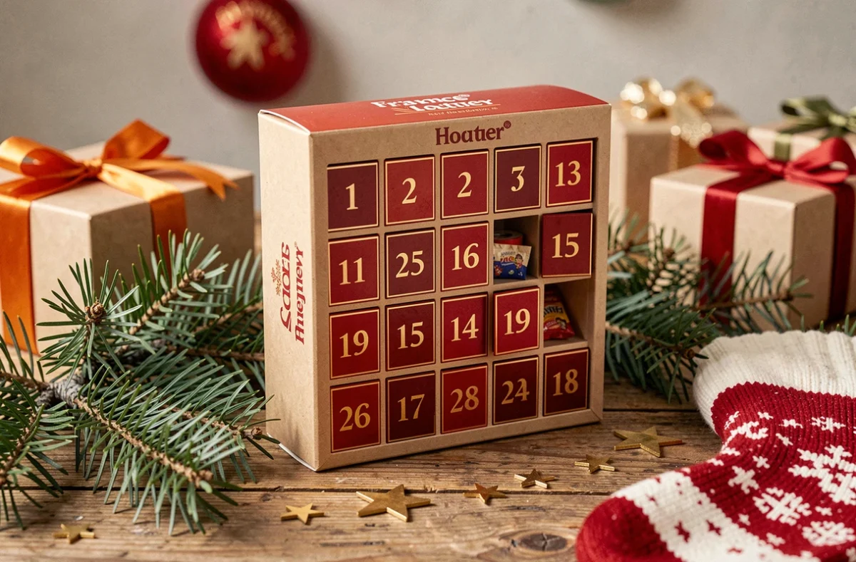 Calendrier de l'avent FDJ 2026 posé sur une table en bois décorée de branches de sapin et d'étoiles dorées