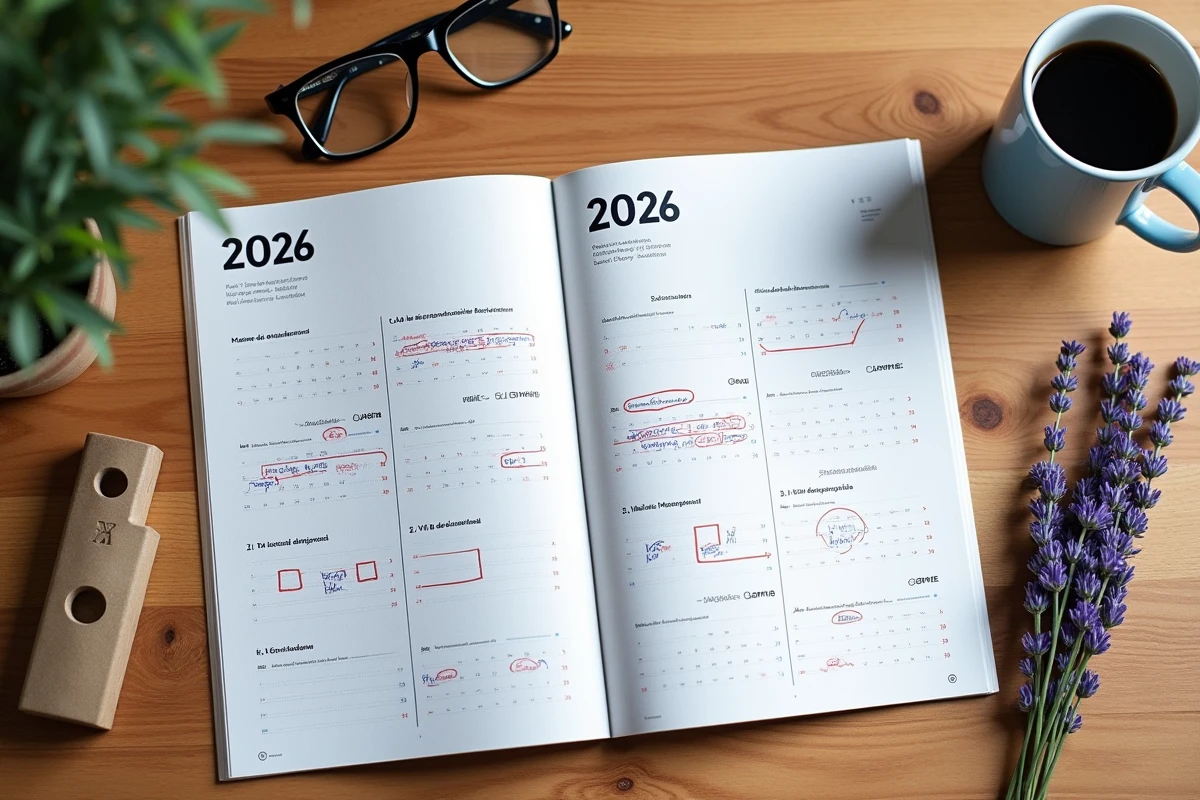 Calendrier papier 2026 en français avec jours fériés surlignés pour la France métropolitaine et les DOM