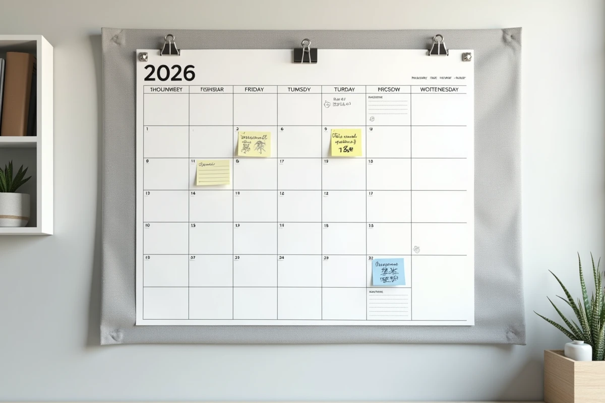Calendrier trimestriel 2026 mural personnalisé avec notes et rendez-vous colorés sur tableau en lin