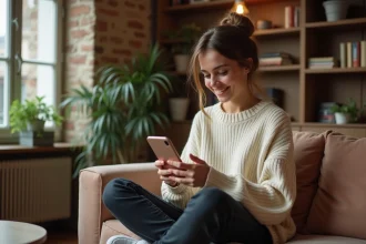 Jeune femme célibataire souriante en train de tchatter sur son smartphone depuis son appartement parisien